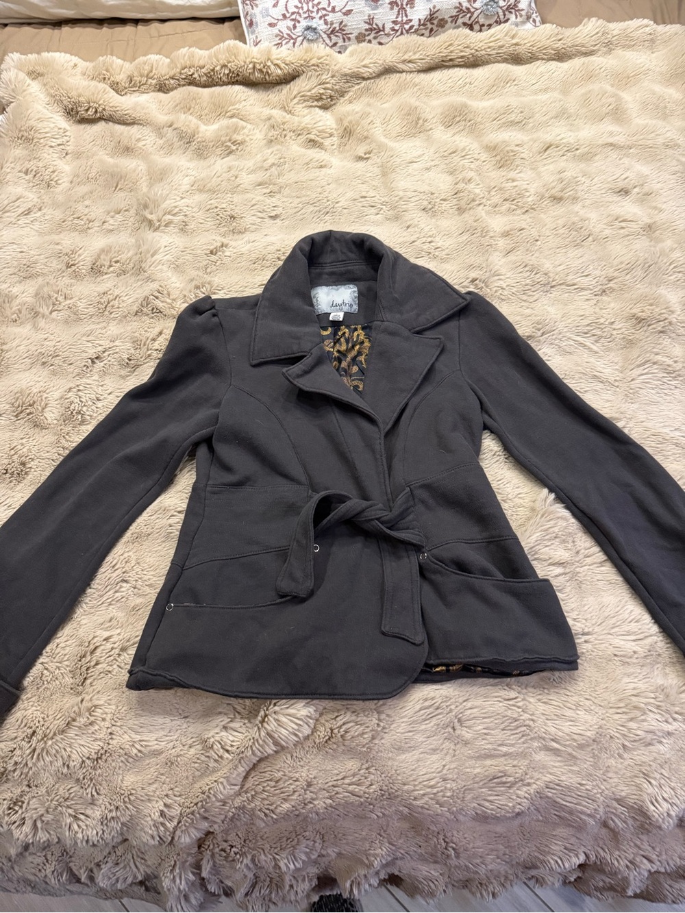 Daytrip Black Tie-Waist Blazer with Leopard Trim